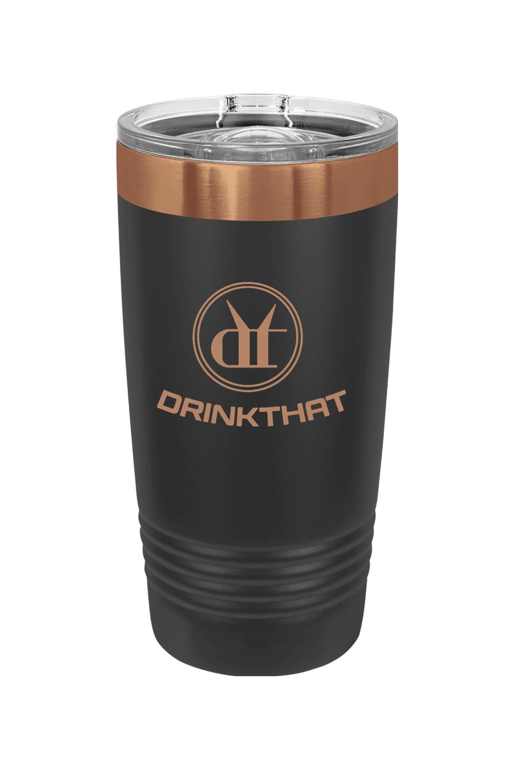20 oz. black ION-plated insulated tumbler with a copper rim, clear slider lid, and engraved Drink That logo.