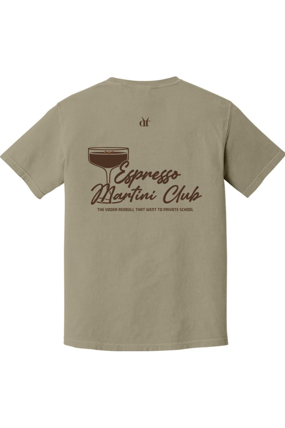 Khaki Comfort Colors cotton t-shirt featuring an Espresso Martini Club graphic on the back in brown script.