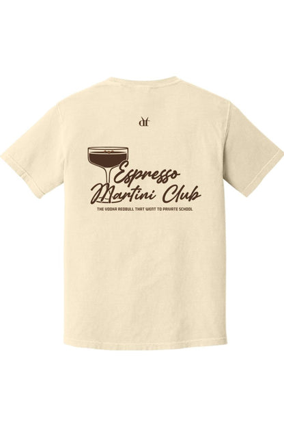 Cream-colored Comfort Colors cotton t-shirt featuring an Espresso Martini Club graphic on the back.
