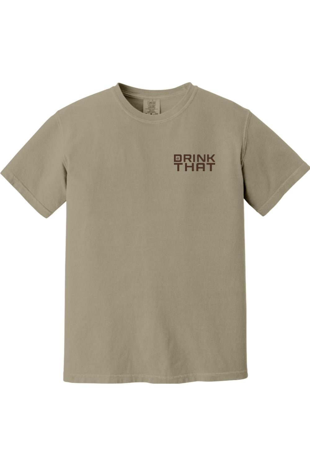 Khaki Comfort Colors ringspun cotton t-shirt featuring a small Drink That logo printed on the left chest.