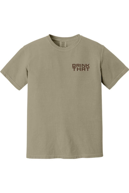 Khaki Comfort Colors ringspun cotton t-shirt featuring a small Drink That logo printed on the left chest.