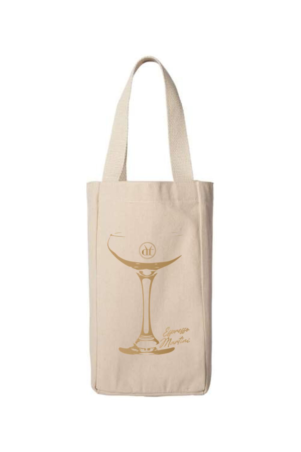 Natural canvas double bottle tote featuring a gold martini glass graphic and Espresso Martini text.