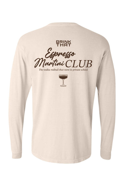 Beige Comfort Colors long sleeve t-shirt featuring Drink That Espresso Martini Club graphic on the back.