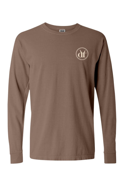 Brown Comfort Colors long sleeve cotton t-shirt featuring a circular Drink That logo on the left chest.