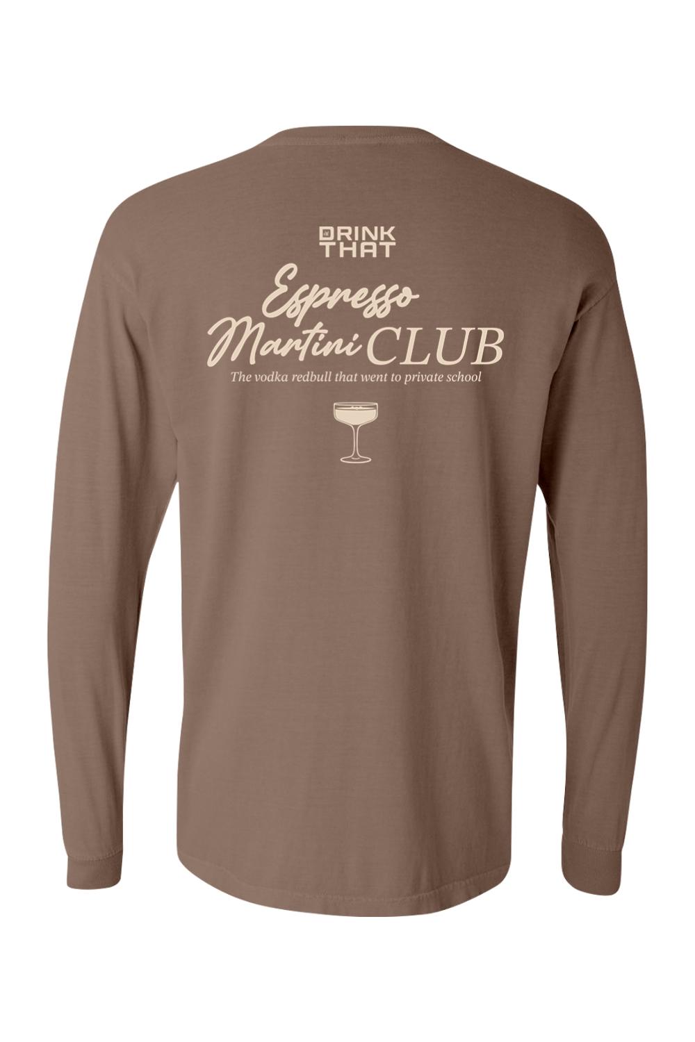 Brown Comfort Colors long sleeve t-shirt with Espresso Martini Club graphic and cocktail glass on the back.