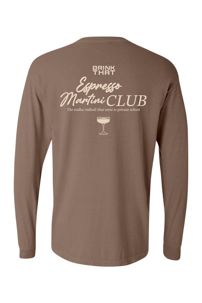 Brown Comfort Colors long sleeve t-shirt with Espresso Martini Club graphic and cocktail glass on the back.