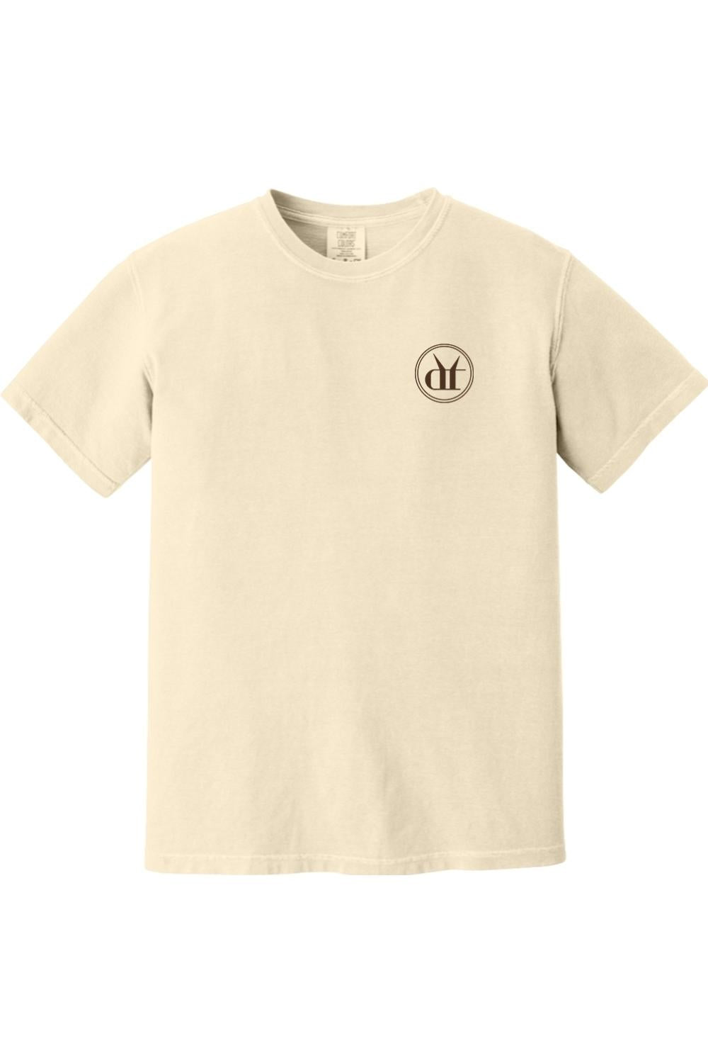 Cream-colored Comfort Colors unisex t-shirt in soft ringspun cotton featuring a small circular espresso martini logo.