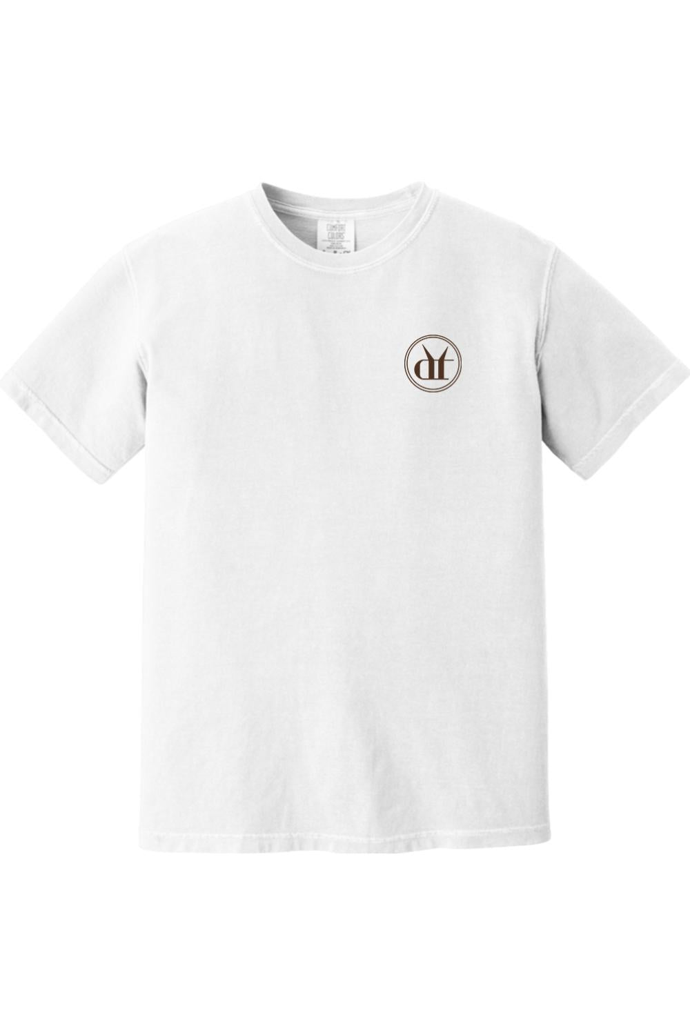 White Comfort Colors ringspun cotton t-shirt featuring a small circular Drink That Espresso Martini logo on the chest.