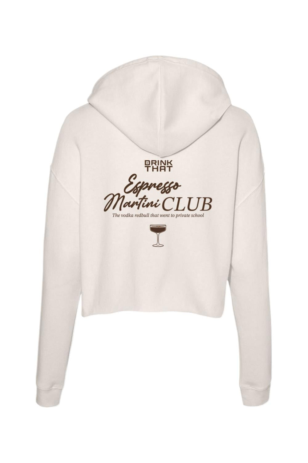 Cream-colored lightweight cropped hoodie with Espresso Martini Club graphic on the back in dark brown text.