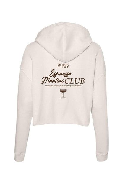 Cream-colored lightweight cropped hoodie with Espresso Martini Club graphic on the back in dark brown text.
