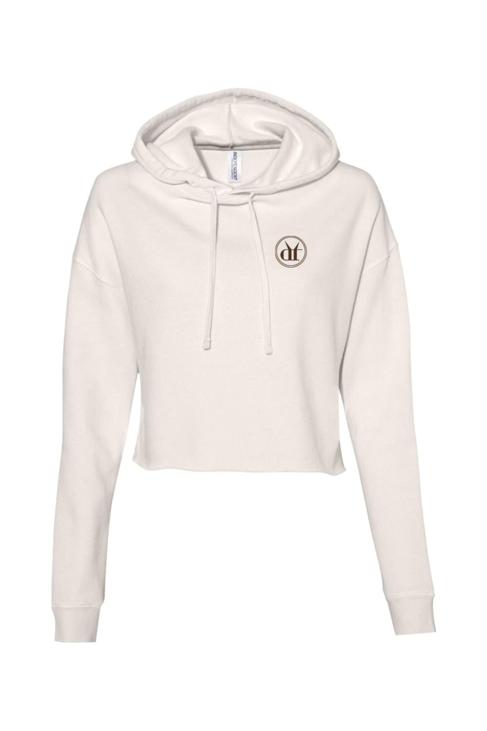 Off-white lightweight cropped hoodie with a small circular logo on the chest and matching drawstring hood.