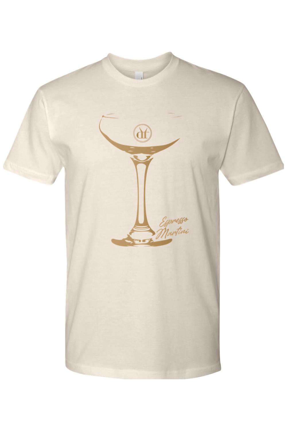 Soft cream cotton t-shirt featuring a gold espresso martini glass graphic and cursive text on the front.