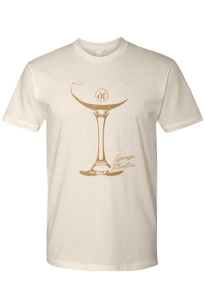 Soft cream cotton t-shirt featuring a gold espresso martini glass graphic and cursive text on the front.