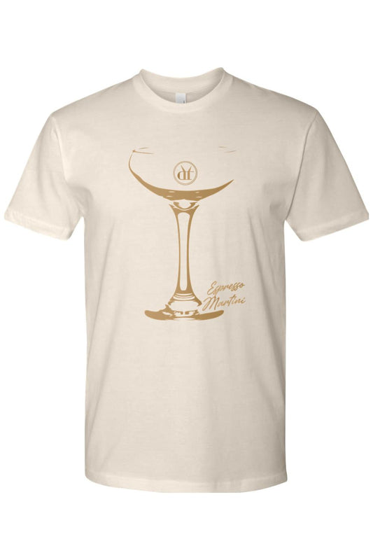 Soft cream cotton t-shirt featuring a gold espresso martini glass graphic and cursive text on the front.