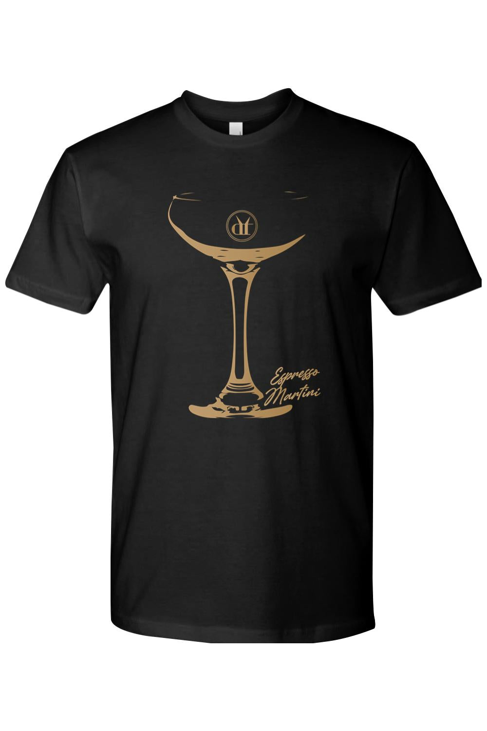 Black cotton t-shirt featuring a gold espresso martini glass graphic and elegant text on the front.