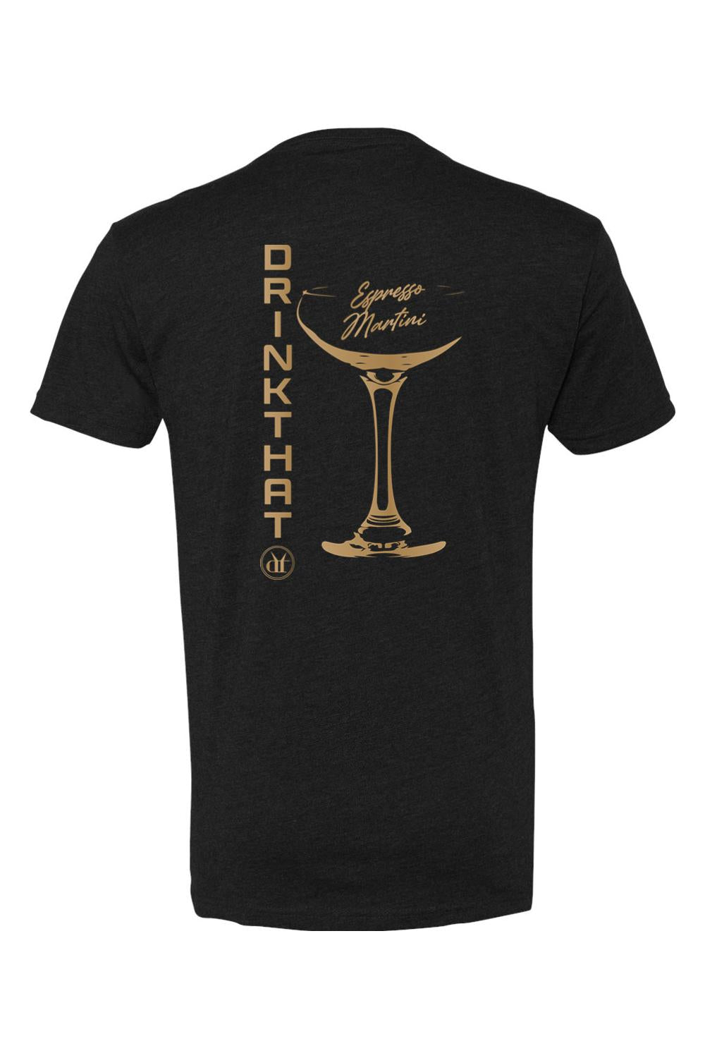 Black heather V-neck t-shirt featuring a gold Espresso Martini graphic and vertical Drink That text on the back.
