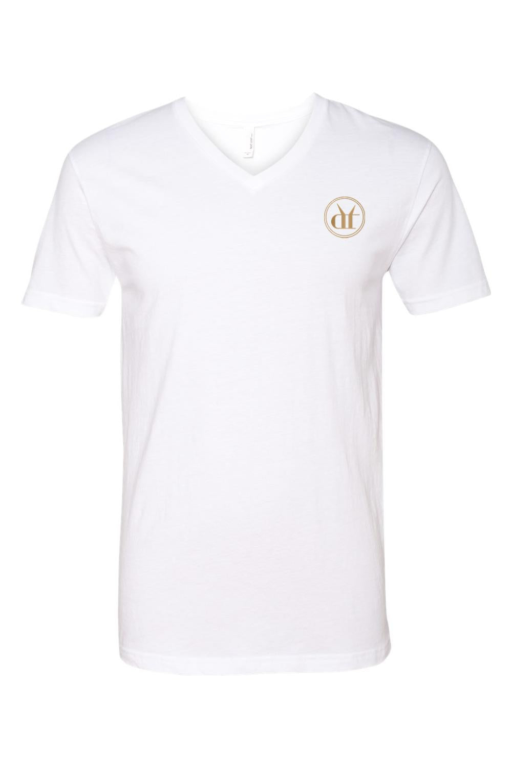 White V-neck t-shirt in soft cotton-polyester blend featuring a small circular gold logo on the left chest.