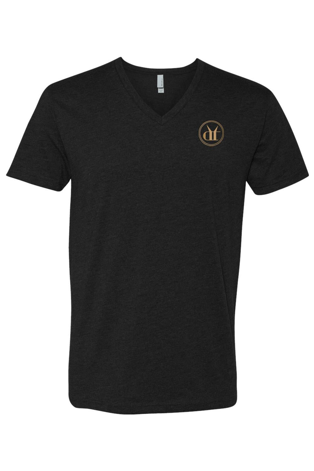 Black heathered V-neck t-shirt featuring a gold circular Drink That logo on the left chest.