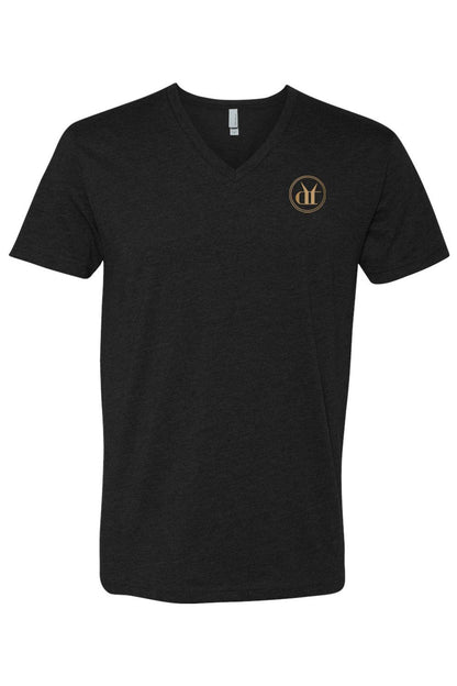 Black heathered V-neck t-shirt featuring a gold circular Drink That logo on the left chest.