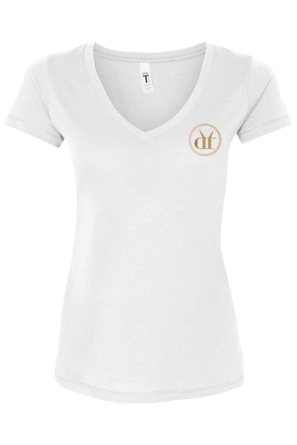 White women's V-neck t-shirt in soft cotton-poly jersey featuring a gold circular Drink That Espresso Martini logo.