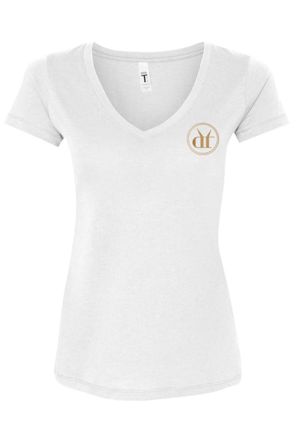 White women's V-neck t-shirt in soft cotton-poly jersey featuring a gold circular Drink That Espresso Martini logo.