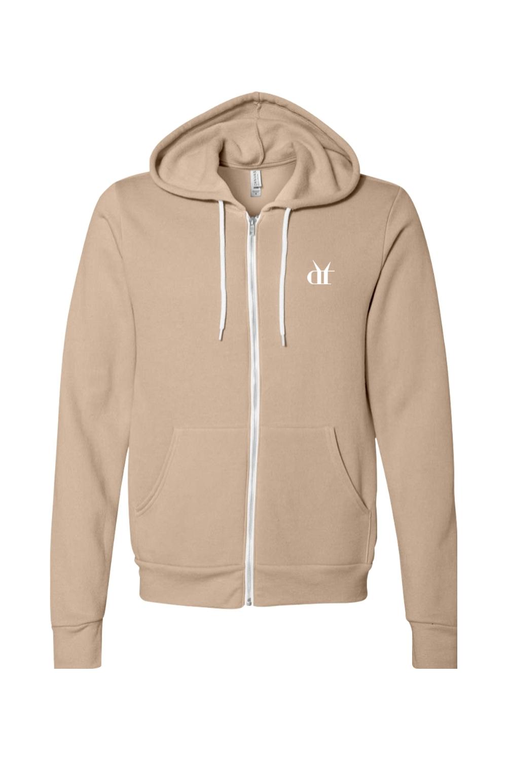 Tan full-zip hoodie with white drawstrings, front pockets, and a white Drink That logo on the chest.