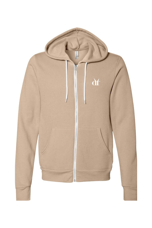 Tan full-zip hoodie with white drawstrings, front pockets, and a white Drink That logo on the chest.