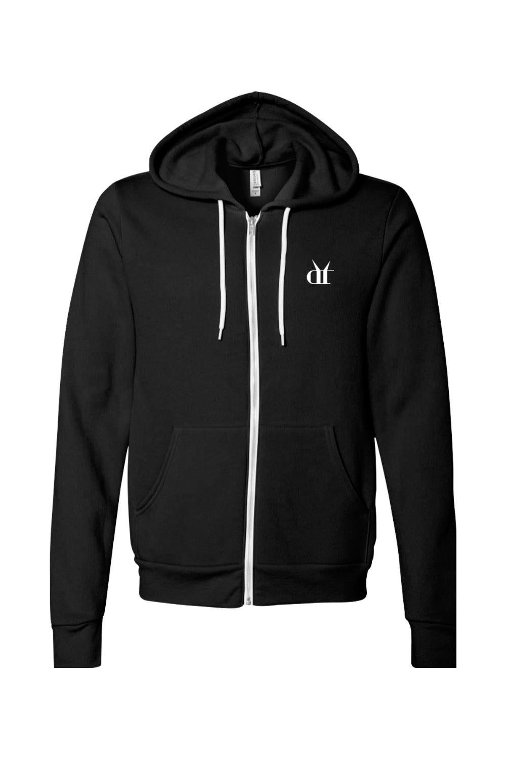 Black full-zip hoodie with white drawstring, front pockets, and a small white Drink That logo on the chest.