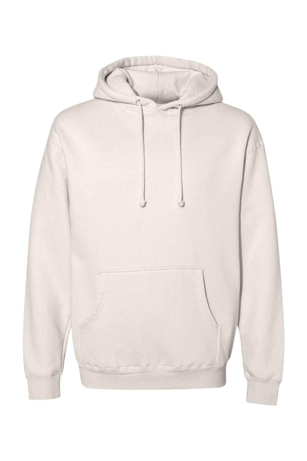 Light beige heavyweight hooded sweatshirt with a front kangaroo pocket and matching drawstring cords.