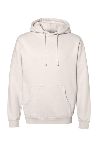 Light beige heavyweight hooded sweatshirt with a front kangaroo pocket and matching drawstring cords.