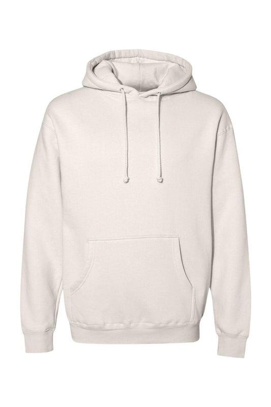 Light beige heavyweight hooded sweatshirt with a front kangaroo pocket and matching drawstring cords.