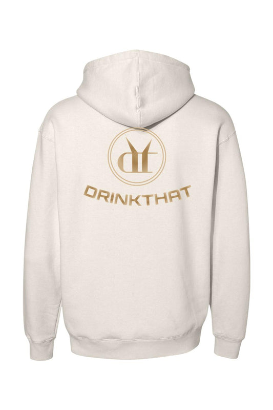 Cream-colored heavyweight hooded sweatshirt featuring a gold Drink That logo and circular emblem printed on the back.