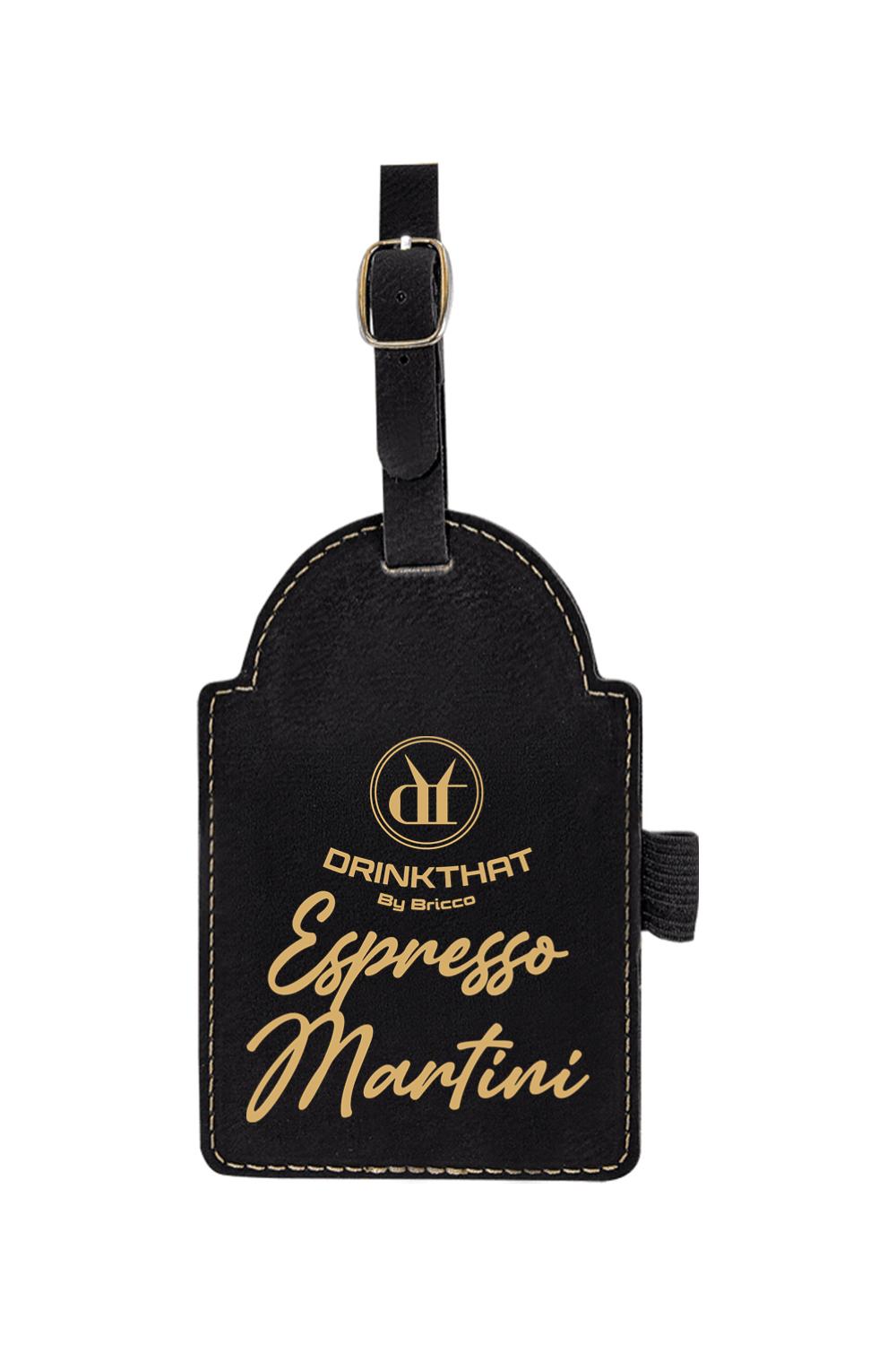 Black leatherette golf bag tag with gold Drink That Espresso Martini engraving and an adjustable buckle strap.