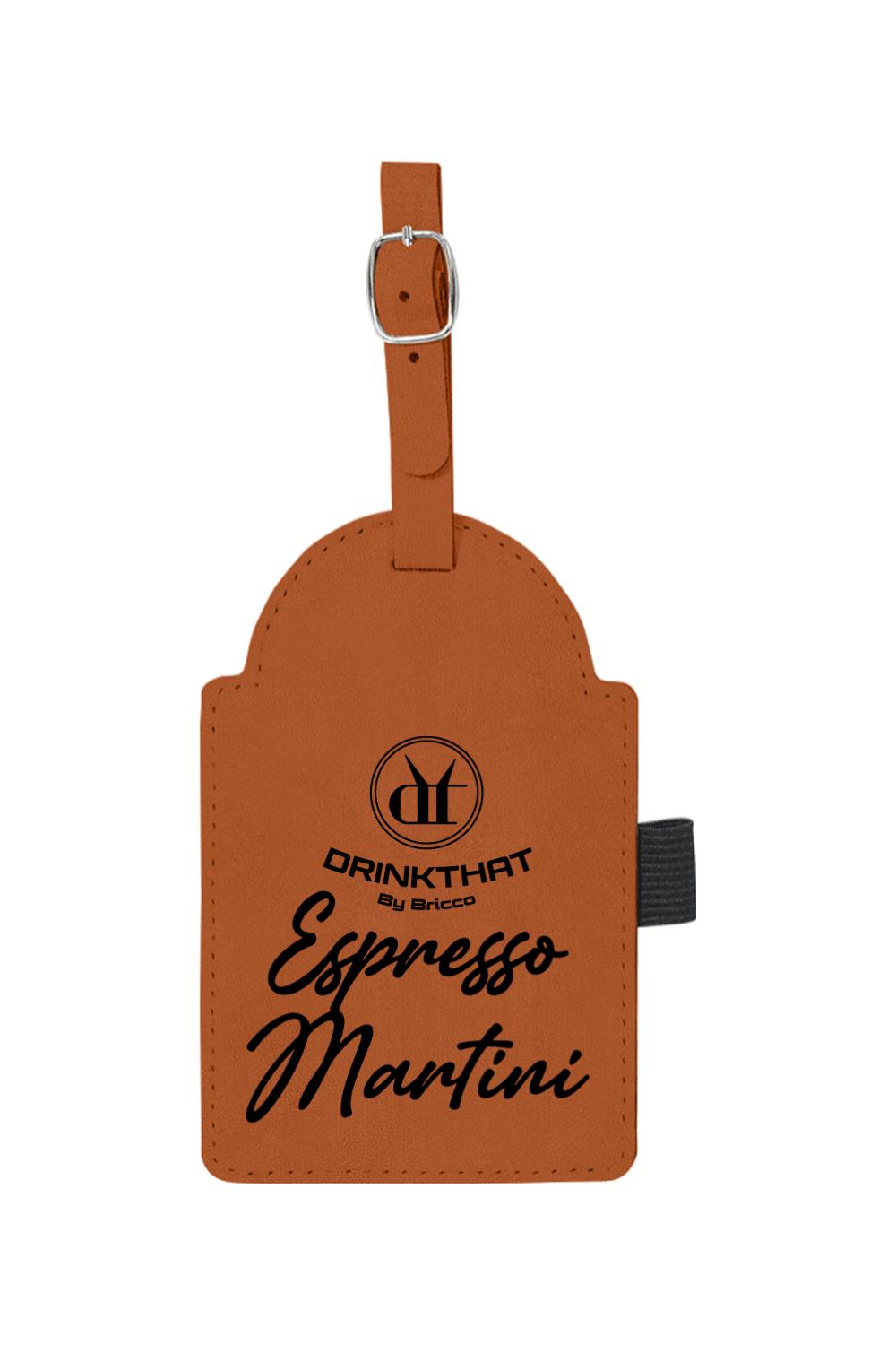 Tan leatherette golf bag tag with a buckle strap, Drink That logo, and Espresso Martini text engraving.