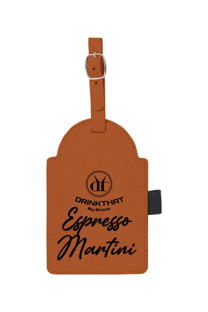 Tan leatherette golf bag tag with a buckle strap, Drink That logo, and Espresso Martini text engraving.