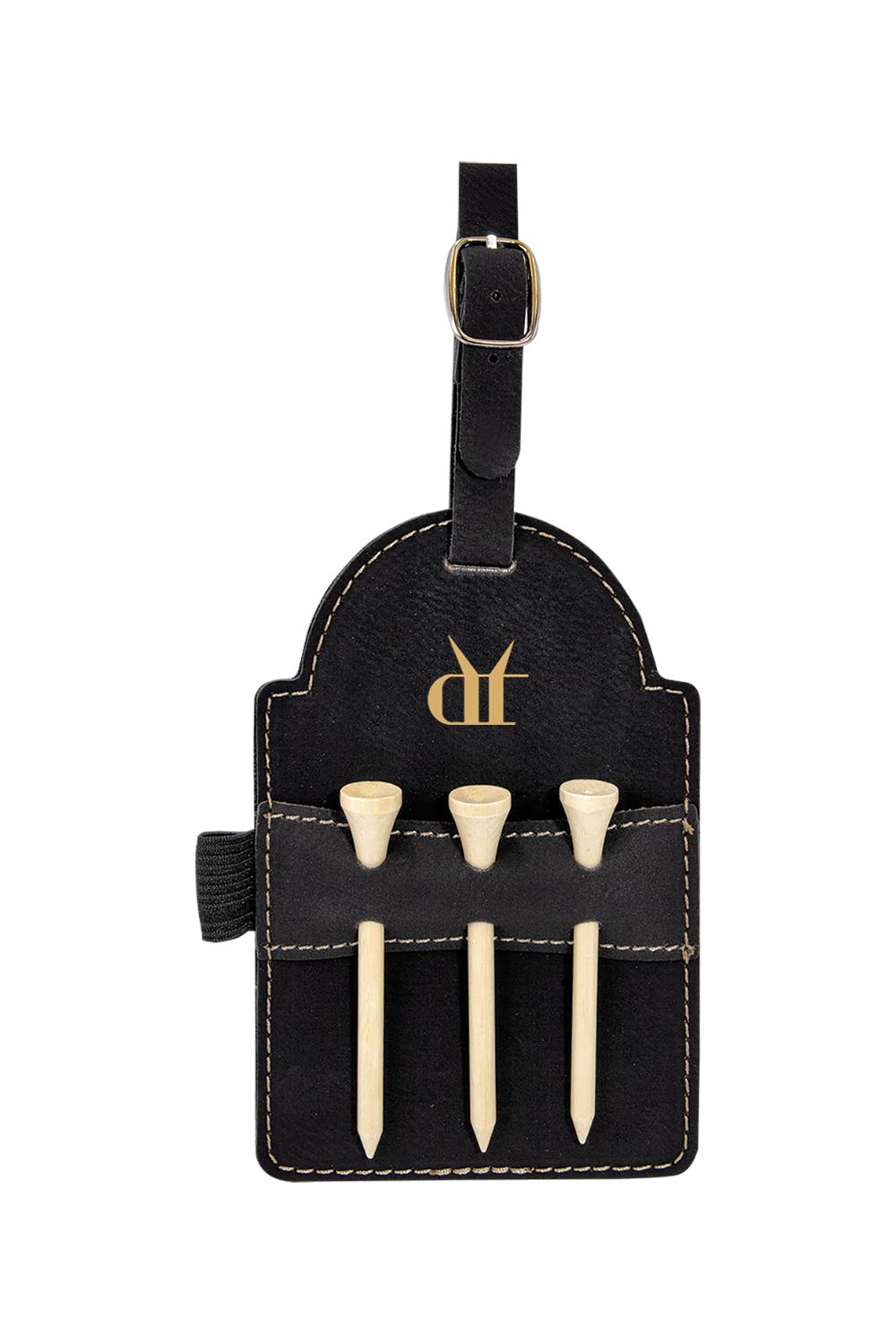 Black leatherette golf bag tag with Drink That logo, buckle strap, and three natural wooden tees in front slots.