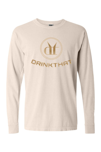 Beige Comfort Colors long sleeve t-shirt featuring a gold Drink That logo graphic on the chest.