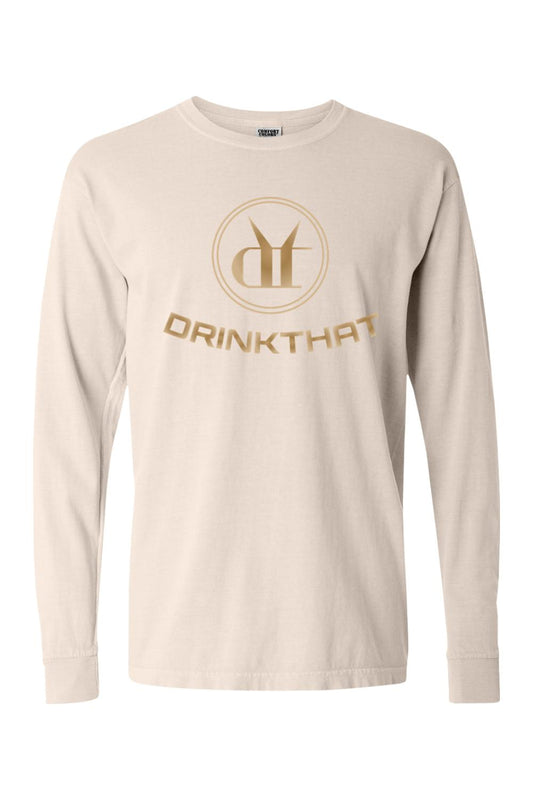 Beige Comfort Colors long sleeve t-shirt featuring a gold Drink That logo graphic on the chest.