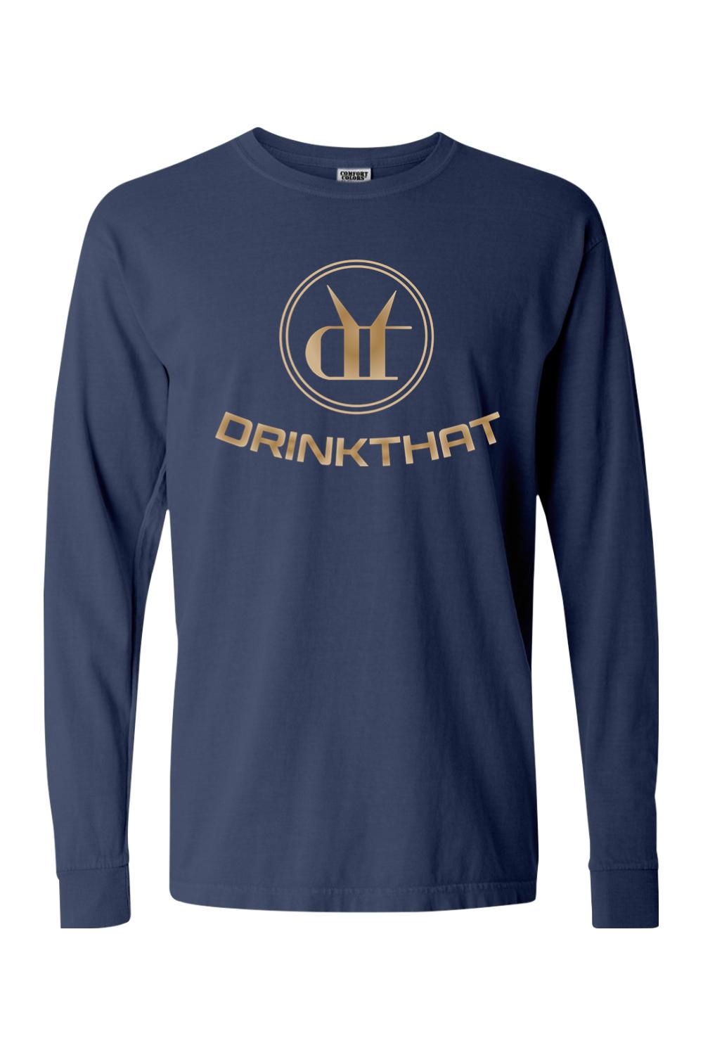 Navy blue Comfort Colors long sleeve cotton t-shirt featuring a gold Drink That logo graphic on the chest.