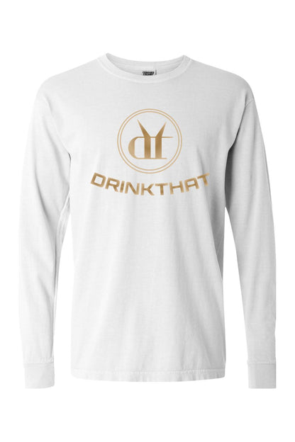 White Comfort Colors long sleeve cotton t-shirt featuring a gold Drink That logo graphic on the chest.