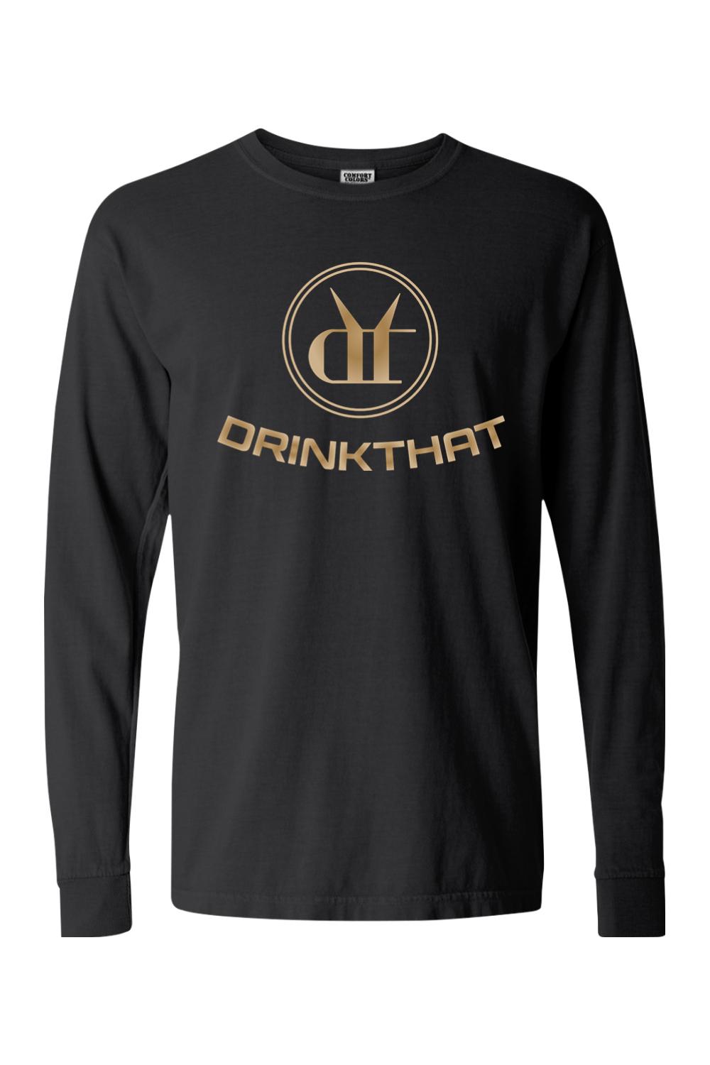 Black Comfort Colors long sleeve shirt with a gold Drink That logo graphic on the chest, made from soft ringspun cotton.