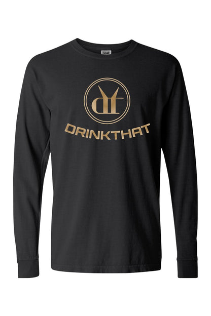 Black Comfort Colors long sleeve shirt with a gold Drink That logo graphic on the chest, made from soft ringspun cotton.