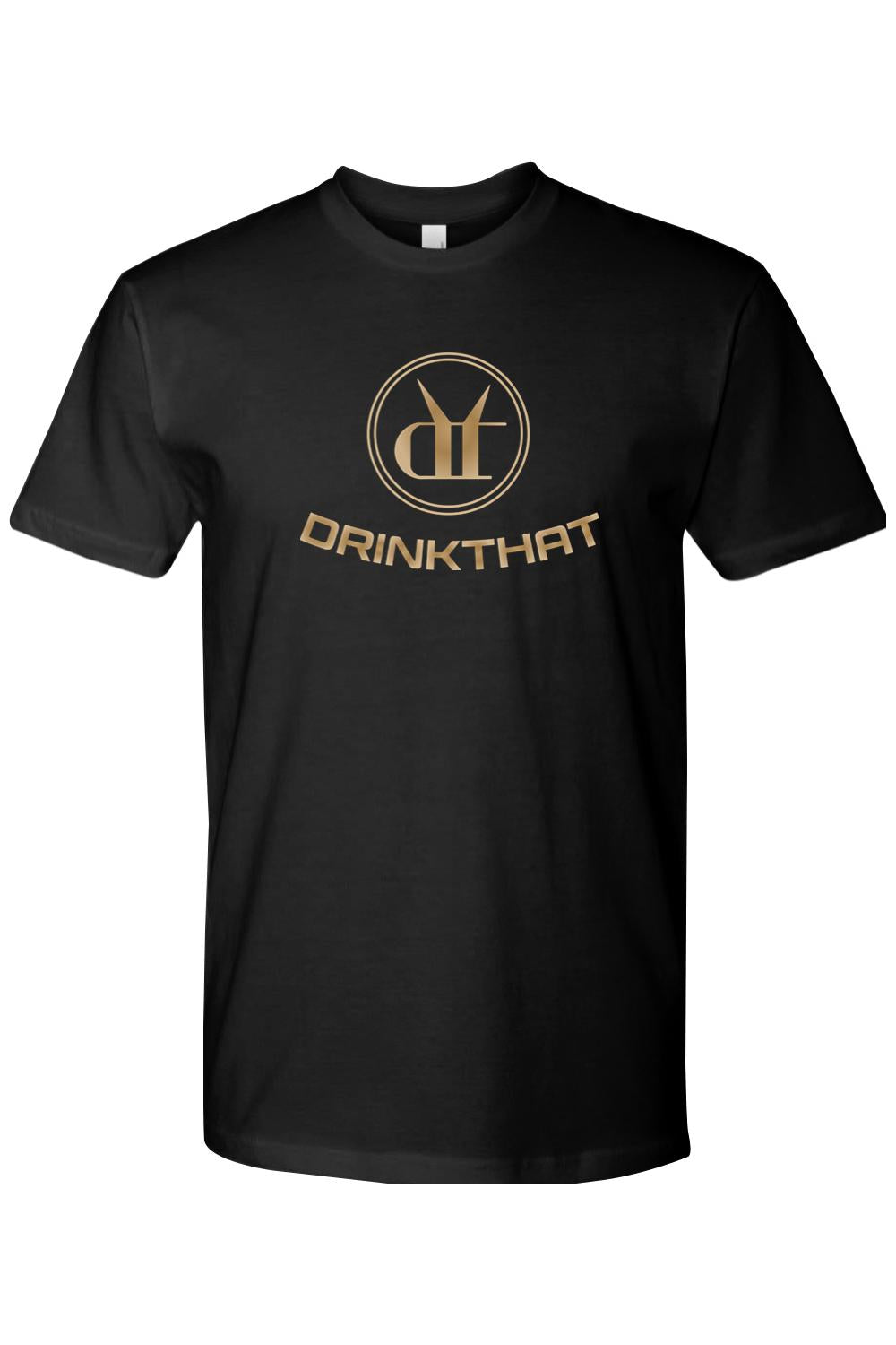 Black soft cotton t-shirt featuring a gold circular Drink That logo graphic on the chest.