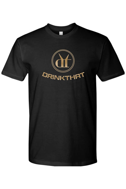 Black soft cotton t-shirt featuring a gold circular Drink That logo graphic on the chest.