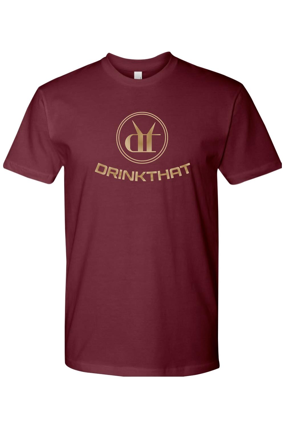 Maroon short-sleeve cotton t-shirt featuring a gold Drink That logo and circular emblem on the chest.