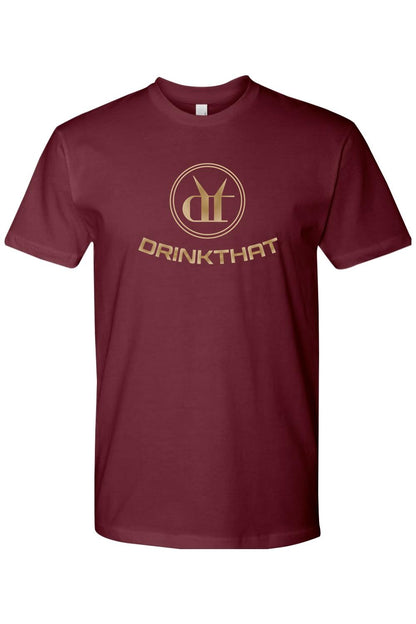 Maroon short-sleeve cotton t-shirt featuring a gold Drink That logo and circular emblem on the chest.