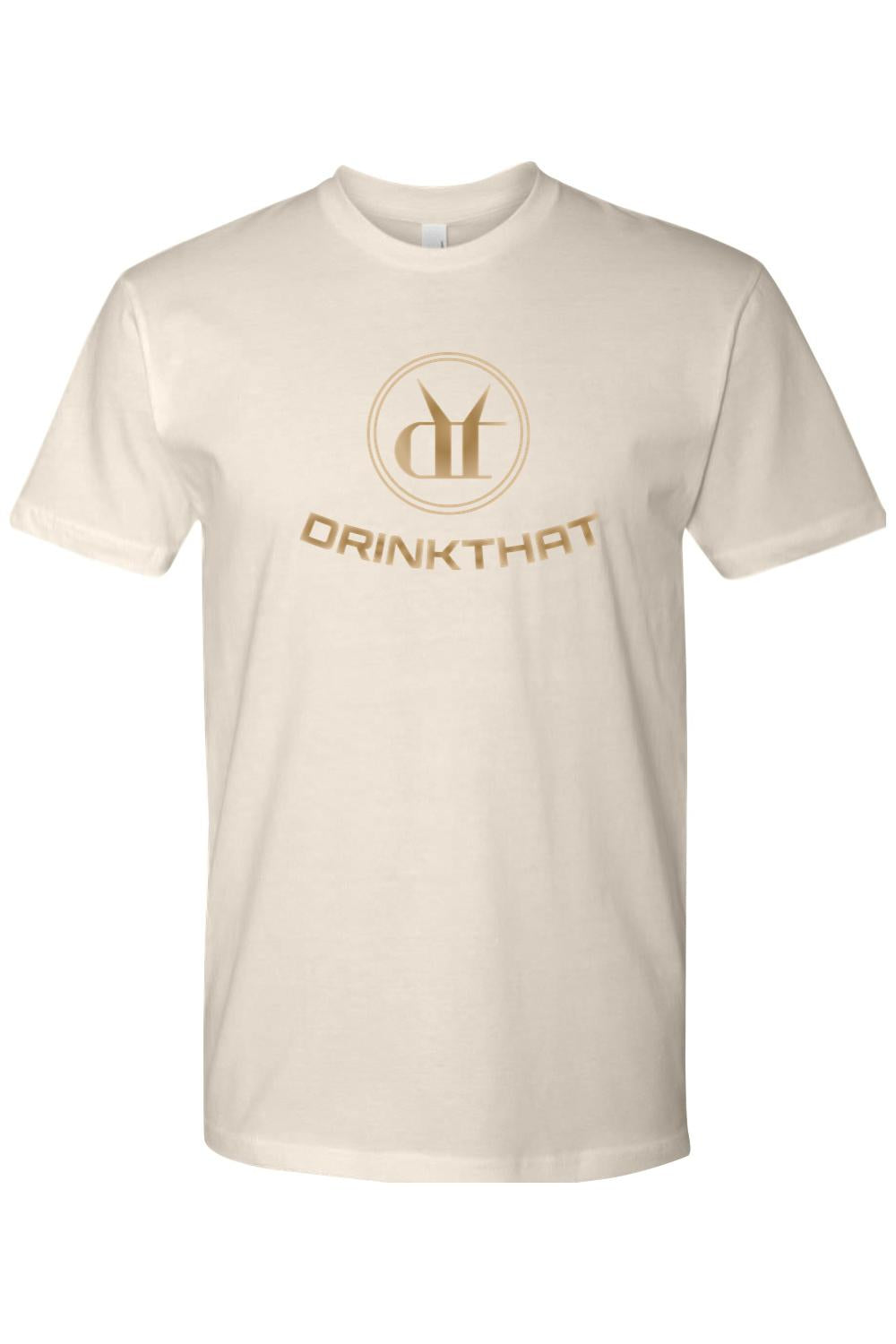 Cream-colored 100% cotton t-shirt featuring a gold Drink That logo graphic on the chest.