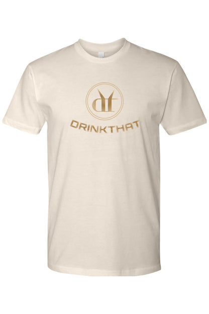 Cream-colored 100% cotton t-shirt featuring a gold Drink That logo graphic on the chest.