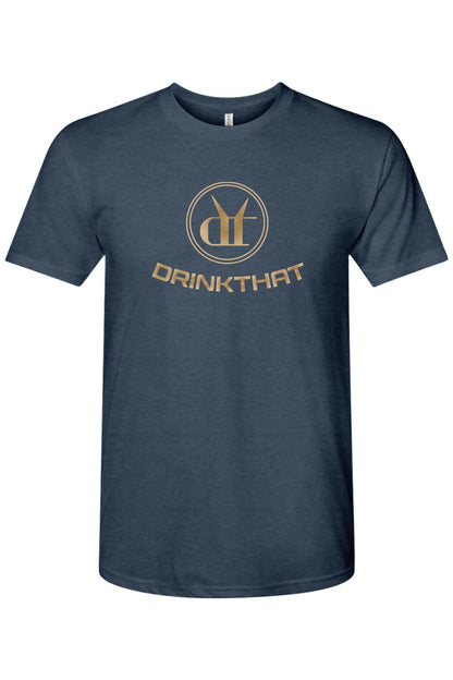 Navy blue triblend men's t-shirt featuring a gold Drink That logo and circular emblem on the chest.