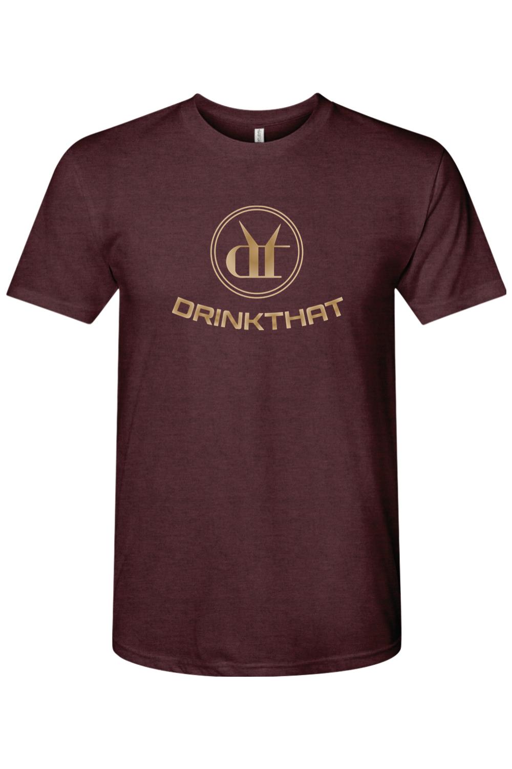 Maroon triblend crewneck t-shirt featuring a gold Drink That logo and circular emblem on the chest.
